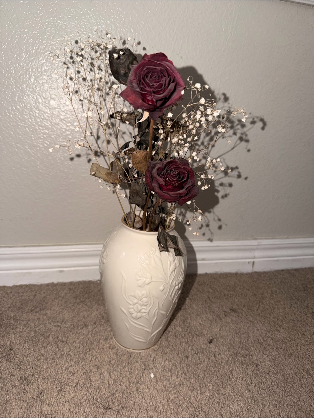 Ceramic Embossed Cream Vase with Dried Burgundy Roses
